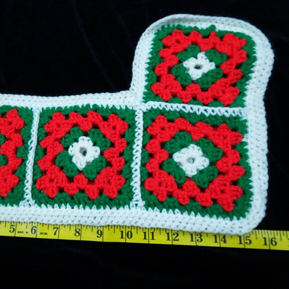 Vintage 15" Handmade Crocheted Granny Square Christmas Stocking Red Green - Picture 3 of 5